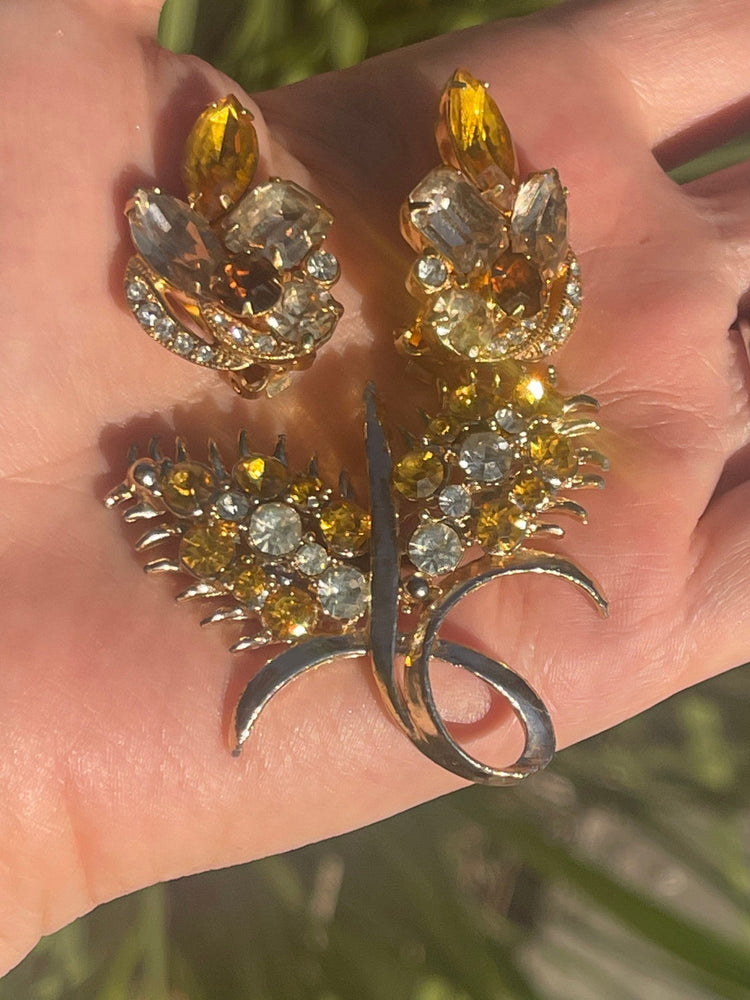 Vintage Antique Designer Eisenberg ice Clip Earrings + Unnamed Brooch Cocktail Amber Rhinestones / Crystals