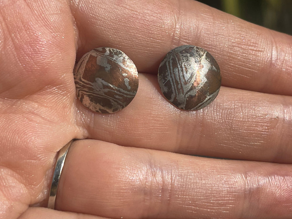 Vintage Modernist Swirl Mixed Metal 14kt Post Stud Earrings Circles Round Unusual and Unique Abstract