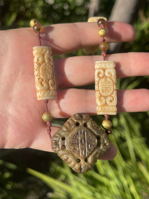 Antique Carved Nephrite Jade & Bone Necklace with Gold-Tone Spacers Statement Piece!