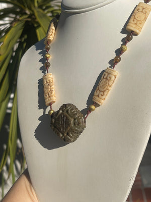 Antique Carved Nephrite Jade & Bone Necklace with Gold-Tone Spacers Statement Piece!