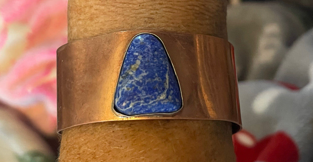 Vintage Solid Copper Cuff Bracelet Lapis Lazuli Native Southwestern Feel Smaller Wrist