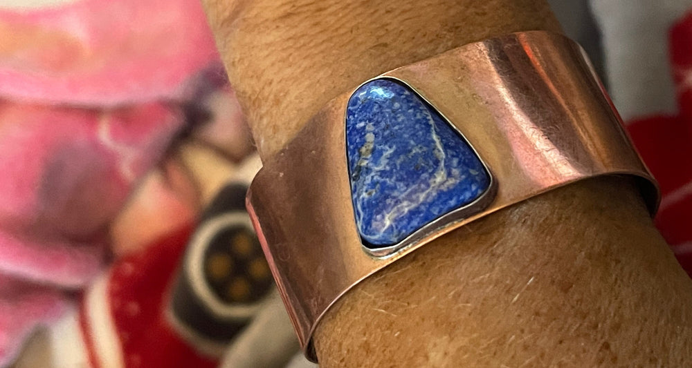 Vintage Solid Copper Cuff Bracelet Lapis Lazuli Native Southwestern Feel Smaller Wrist