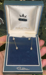 Antique Original Threader Earrings Solid 14kt Yellow Gold + Gray Pearls 14 kt Karat Cultra Celluloid Jewelry Box Dangle