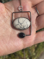 Vintage Sterling Silver White Buffalo Black Onyx Pendant w 925 Chain Modernist- Native American Unusual Abstract