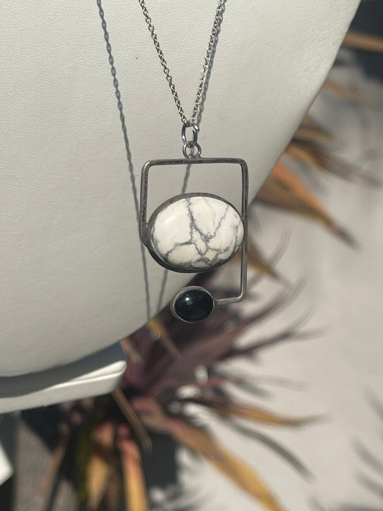 Vintage Sterling Silver White Buffalo Black Onyx Pendant w 925 Chain Modernist- Native American Unusual Abstract