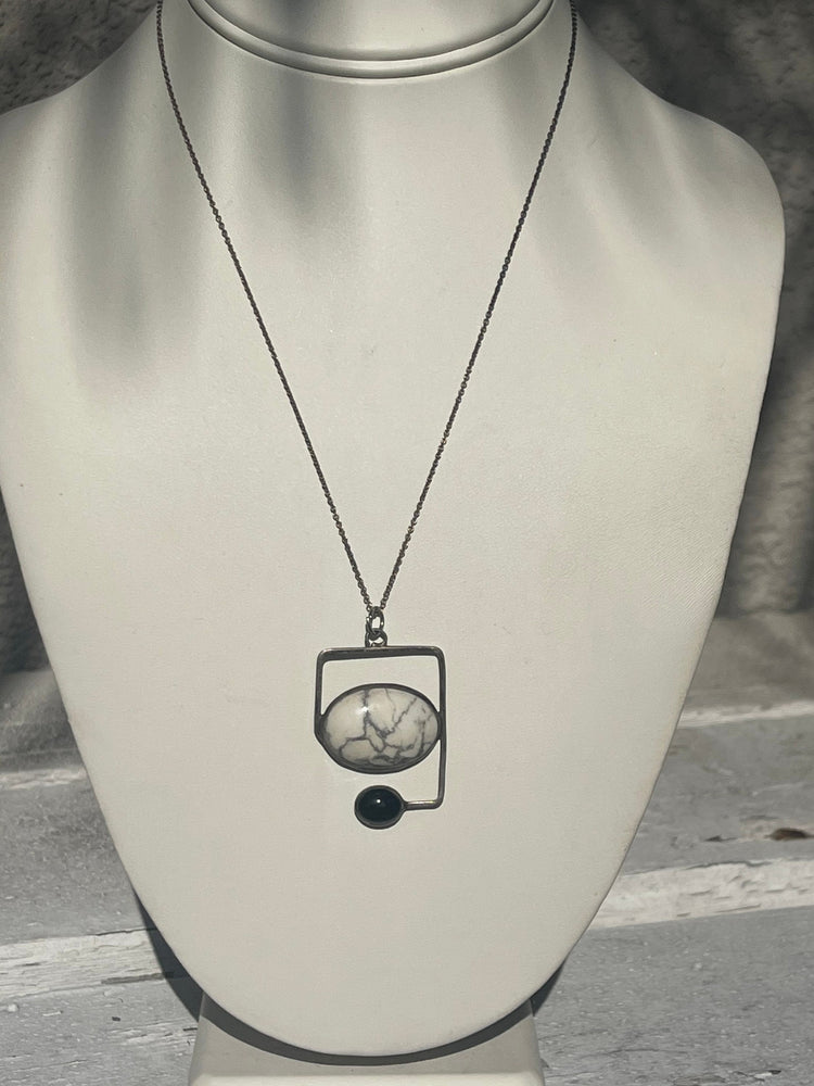 Vintage Sterling Silver White Buffalo Black Onyx Pendant w 925 Chain Modernist- Native American Unusual Abstract