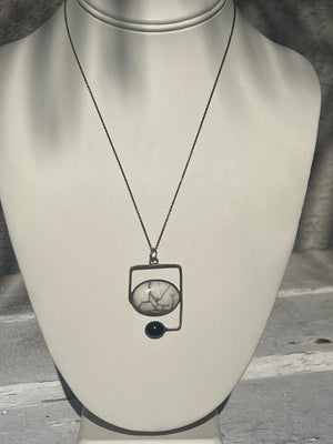 Vintage Sterling Silver White Buffalo Black Onyx Pendant w 925 Chain Modernist- Native American Unusual Abstract