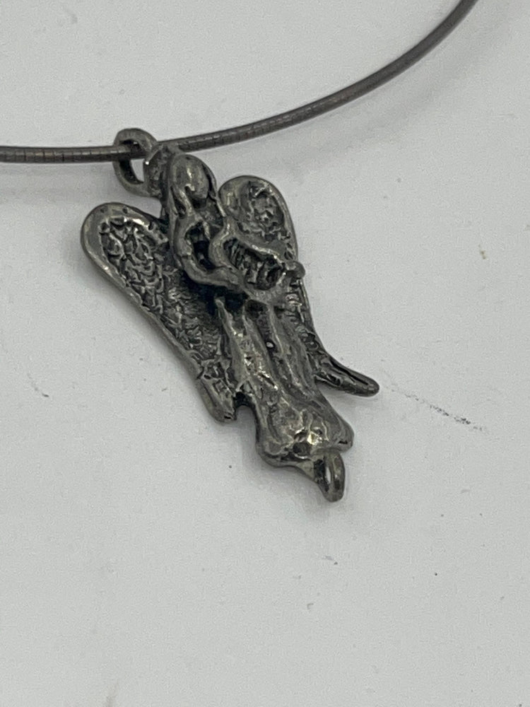 Vintage Sterling Silver Angel - Cherub Pendant w Thick 925 Stiff Choker Necklace Collar Chain Religious handmade Adjustable 16-18 Inch