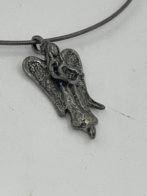 Vintage Sterling Silver Angel - Cherub Pendant w Thick 925 Stiff Choker Necklace Collar Chain Religious handmade Adjustable 16-18 Inch