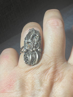 Vintage Sterling Silver 925 Native American Indian Squash Blossom Ring Size 5.5 long Saddle Style Signed K