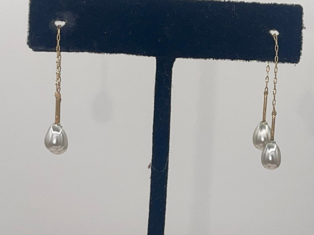 Antique Original Threader Earrings Solid 14kt Yellow Gold + Gray Pearls 14 kt Karat Cultra Celluloid Jewelry Box Dangle