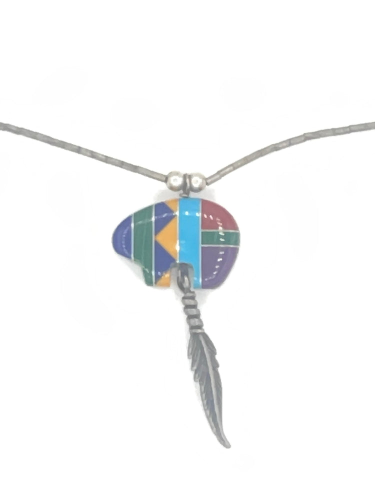 Beautiful Native American Indian Inlaid w gemstones Bear Pendant w Feather Liquid Silver Necklace Zuni Southwestern