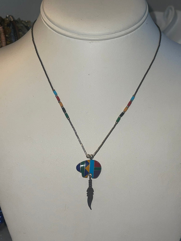 Beautiful Native American Indian Inlaid w gemstones Bear Pendant w Feather Liquid Silver Necklace Zuni Southwestern