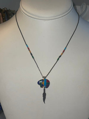 Beautiful Native American Indian Inlaid w gemstones Bear Pendant w Feather Liquid Silver Necklace Zuni Southwestern