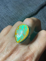 Vintage True Foil Glass Ring Huge Tear Drop Shaped Sterling Silver 925 Ring Mid Century Modern Abstract Yellow Orange Greex Color Changing