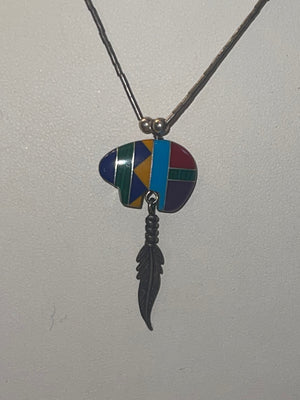 Beautiful Native American Indian Inlaid w gemstones Bear Pendant w Feather Liquid Silver Necklace Zuni Southwestern