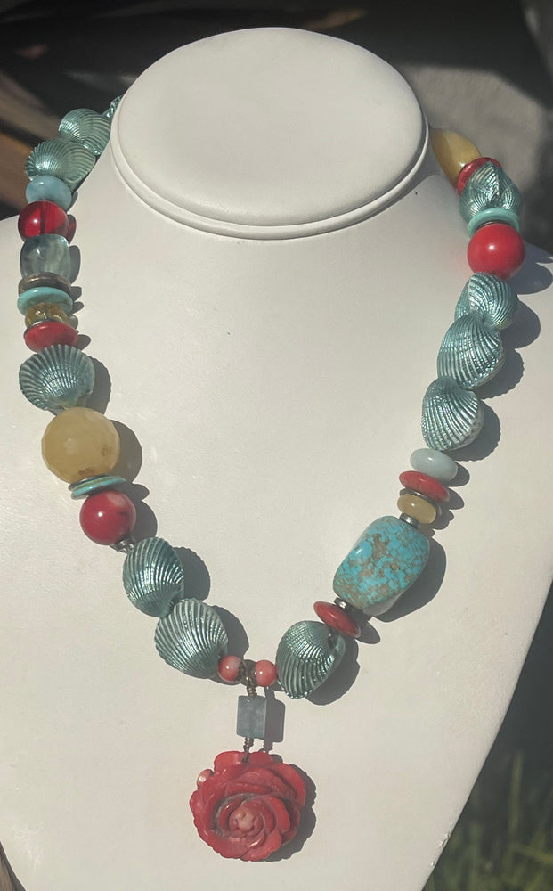 Gorgeous Gemstone Beaded Necklace Red Coral Rose Turquoise Onyx Quartz Agate Glass Larimar Green Clam Shell Beads Unique and Unusual