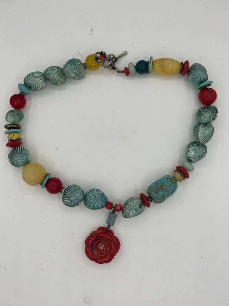 Gorgeous Gemstone Beaded Necklace Red Coral Rose Turquoise Onyx Quartz Agate Glass Larimar Green Clam Shell Beads Unique and Unusual