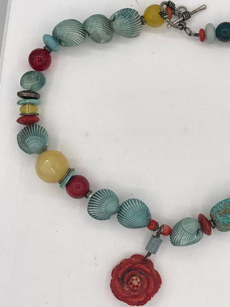 Gorgeous Gemstone Beaded Necklace Red Coral Rose Turquoise Onyx Quartz Agate Glass Larimar Green Clam Shell Beads Unique and Unusual