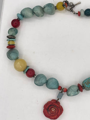 Gorgeous Gemstone Beaded Necklace Red Coral Rose Turquoise Onyx Quartz Agate Glass Larimar Green Clam Shell Beads Unique and Unusual