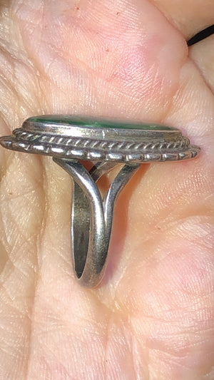 Rare!! Amazing Fred Harvey Era Vintage Rare Deep Green Turquoise Ring Native American Indian Sterling Silver Southwestern Long Big Size 7.25