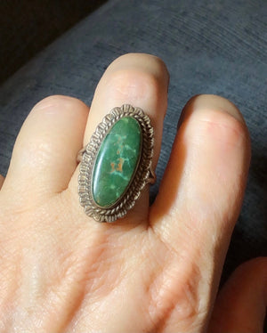 Rare!! Amazing Fred Harvey Era Vintage Rare Deep Green Turquoise Ring Native American Indian Sterling Silver Southwestern Long Big Size 7.25