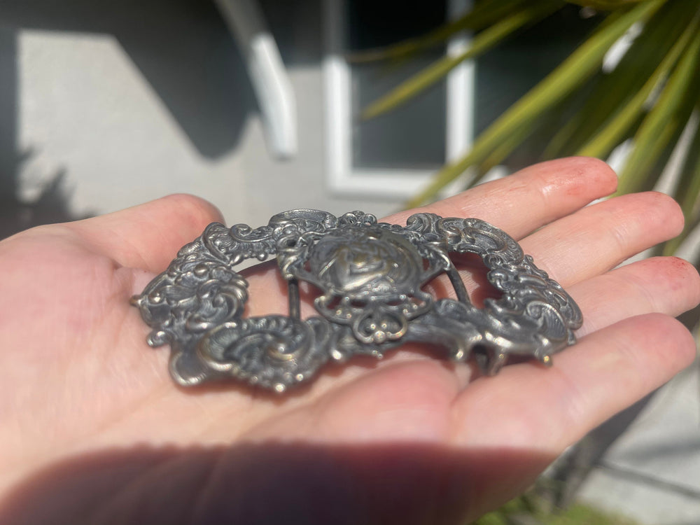 Gorgeous Art Nouveau Antique Ornate Sash? Belt Buckle Repousse Victorian Lady - Goddess Harp Silver/Brass