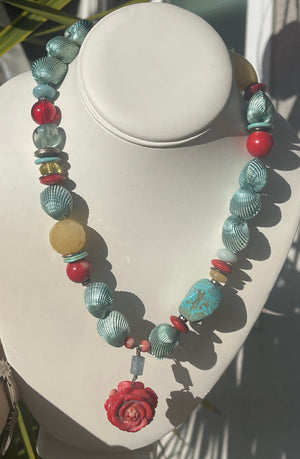 Gorgeous Gemstone Beaded Necklace Red Coral Rose Turquoise Onyx Quartz Agate Glass Larimar Green Clam Shell Beads Unique and Unusual