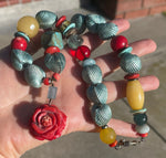 Gorgeous Gemstone Beaded Necklace Red Coral Rose Turquoise Onyx Quartz Agate Glass Larimar Green Clam Shell Beads Unique and Unusual