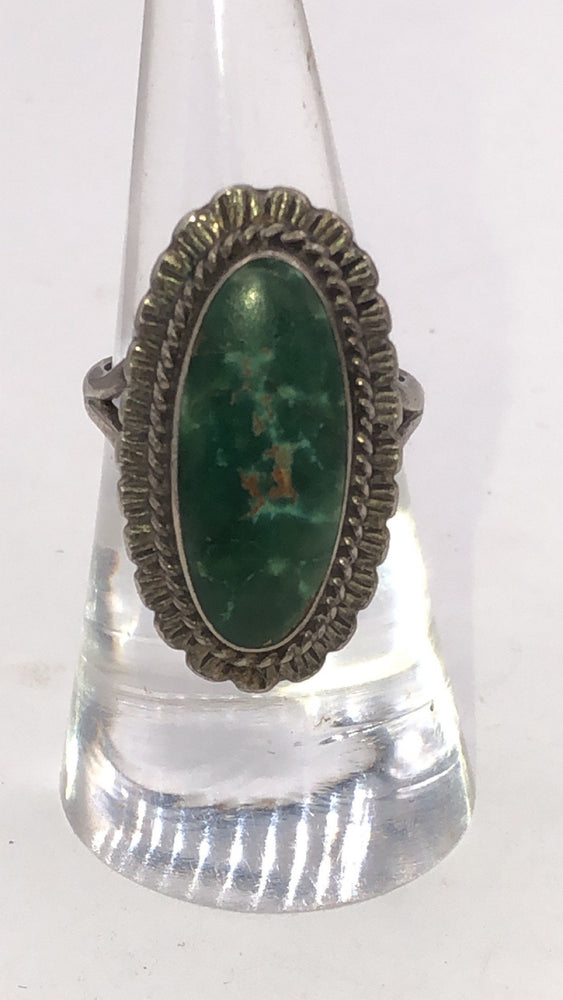 Rare!! Amazing Fred Harvey Era Vintage Rare Deep Green Turquoise Ring Native American Indian Sterling Silver Southwestern Long Big Size 7.25