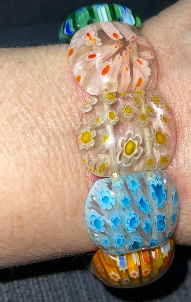 Beautiful Italian millefiori square glass beaded stretch bracelet great colors small - Med