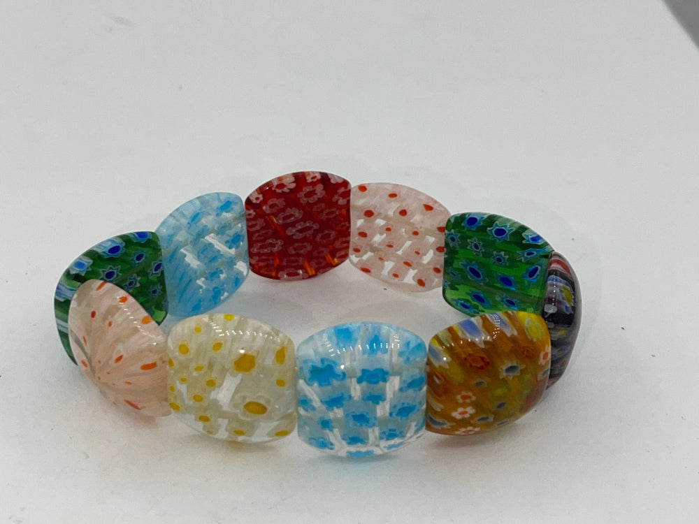 Beautiful Italian millefiori square glass beaded stretch bracelet great colors small - Med
