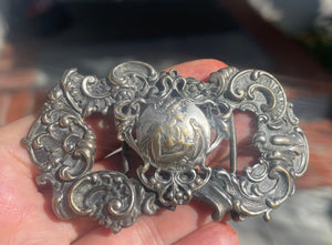 Gorgeous Art Nouveau Antique Ornate Sash? Belt Buckle Repousse Victorian Lady - Goddess Harp Silver/Brass