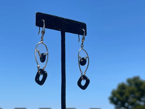 Gorgeous Unique Sterling Silver Long Dangle Earrings Black Onyx Beads 925 Abstract geometric shapes
