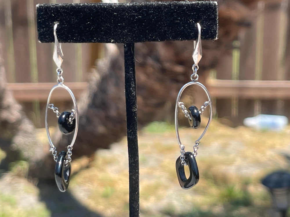 Gorgeous Unique Sterling Silver Long Dangle Earrings Black Onyx Beads 925 Abstract geometric shapes