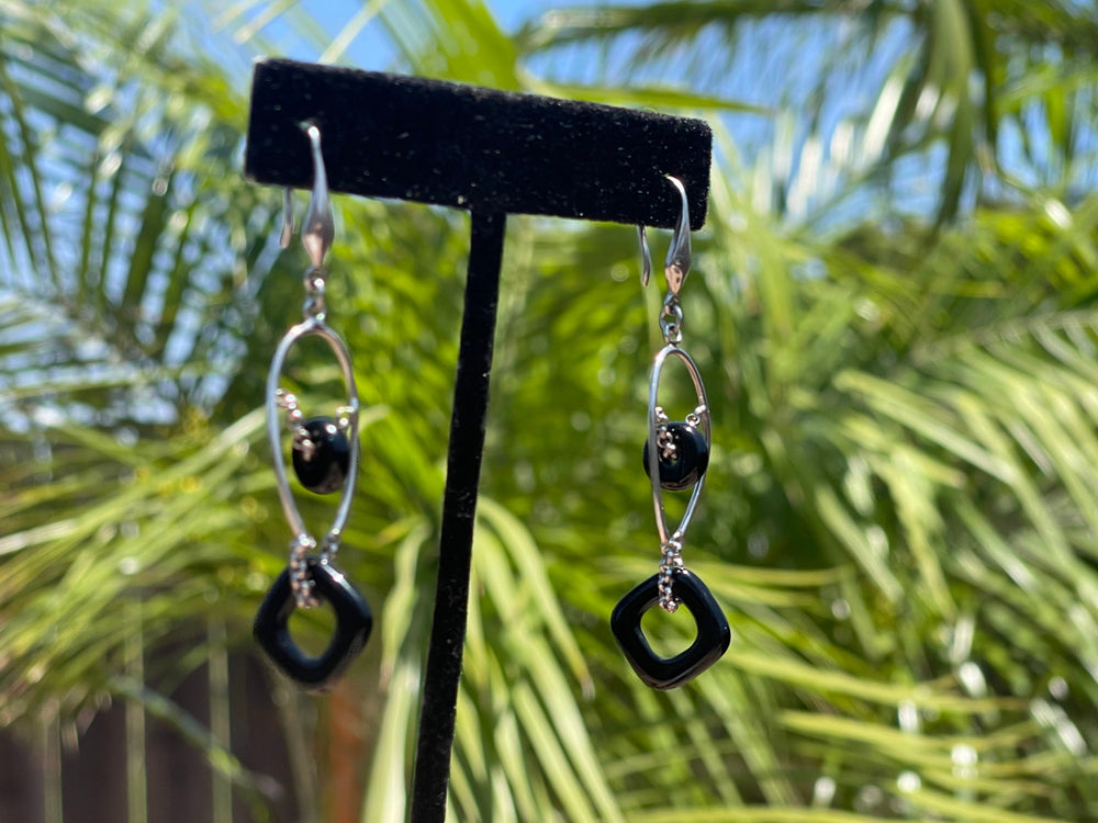 Gorgeous Unique Sterling Silver Long Dangle Earrings Black Onyx Beads 925 Abstract geometric shapes