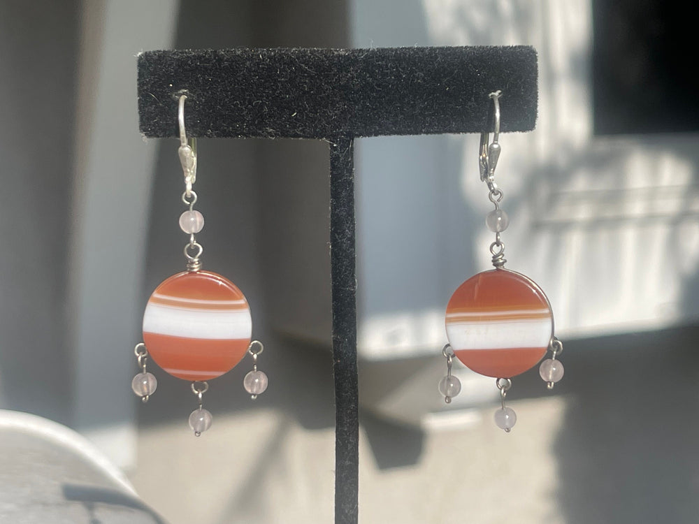 Stunning Banded Agate Earrings Sterling Silver 925 Lever Back Hook  Circle Dangles  Quartz Crystal Beads