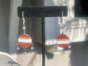 Stunning Banded Agate Earrings Sterling Silver 925 Lever Back Hook  Circle Dangles  Quartz Crystal Beads