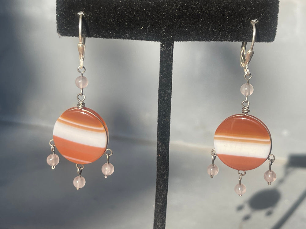 Stunning Banded Agate Earrings Sterling Silver 925 Lever Back Hook  Circle Dangles  Quartz Crystal Beads
