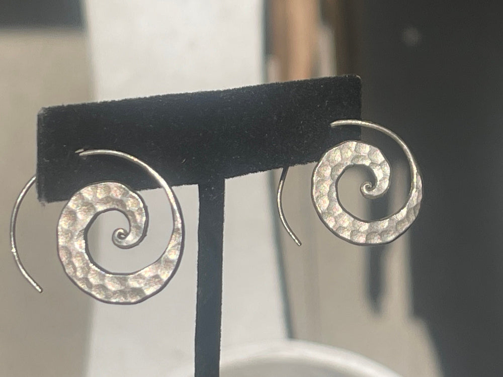 Sterling Silver Abstract  Coil - Spiral Earrings Pounded Metal Flat Circles Tribal Vintage