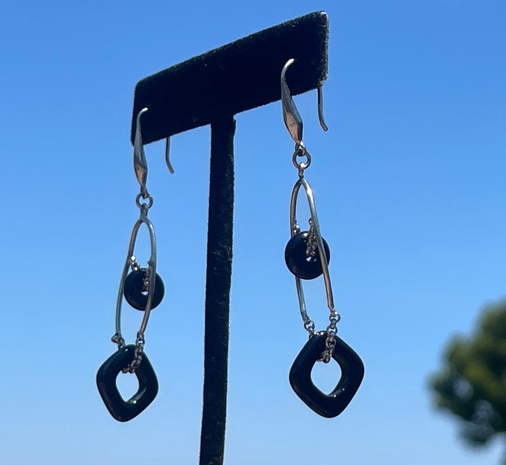Gorgeous Unique Sterling Silver Long Dangle Earrings Black Onyx Beads 925 Abstract geometric shapes