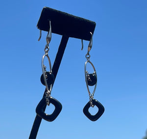 Gorgeous Unique Sterling Silver Long Dangle Earrings Black Onyx Beads 925 Abstract geometric shapes