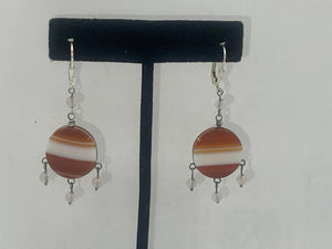 Stunning Banded Agate Earrings Sterling Silver 925 Lever Back Hook  Circle Dangles  Quartz Crystal Beads