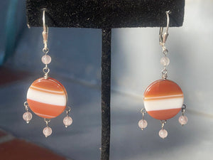 Stunning Banded Agate Earrings Sterling Silver 925 Lever Back Hook  Circle Dangles  Quartz Crystal Beads