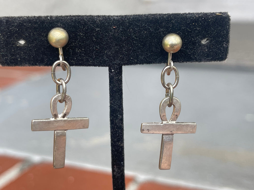 Vintage JLF Jose Louis Flores Mexico Ankh - Cross Earrings Screw Back Mid Century Modern Sterling Silver 925