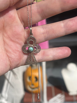 Vintage- Antique Ankh Pendant Filigree Sterling Silver Turquoise Gemstone Necklace Chain 925 Egyptian / Boho Old