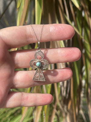 Vintage- Antique Ankh Pendant Filigree Sterling Silver Turquoise Gemstone Necklace Chain 925 Egyptian / Boho Old