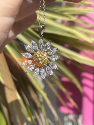 Vintage Sunflower - Flower Pendant CZ Sterling Silver 925 Necklace w 18in Chain