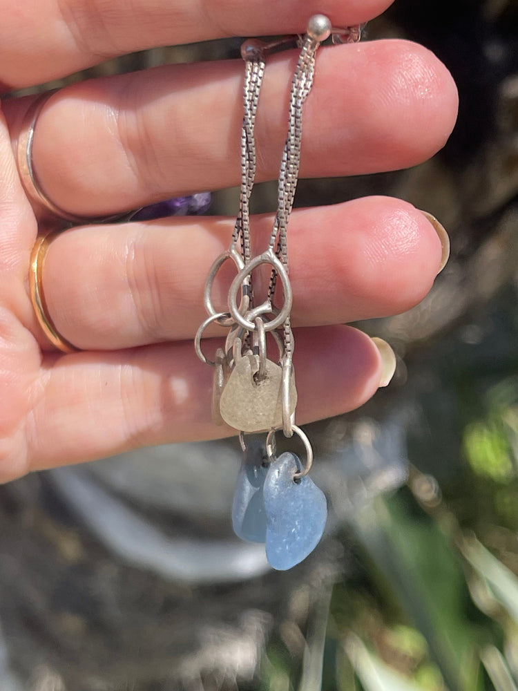 Vintage Sterling Silver Sea Glass Dangle Drop Earrings 925 Blue and Clear