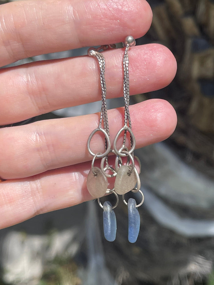 Vintage Sterling Silver Sea Glass Dangle Drop Earrings 925 Blue and Clear